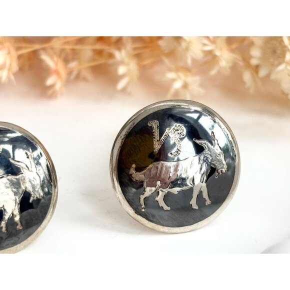 Siam Sterling Taurus Figural Nielloware Enamel Vintage Black Round Cufflinks - Picture 3 of 10